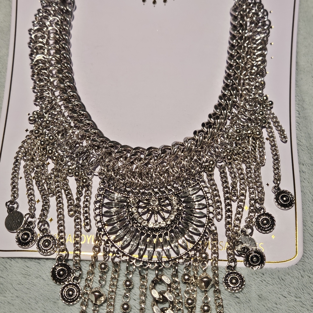 NWT Eye Candy Luna Coin Silver Necklace Bohemian Fringe Maximalism Eclectic - Picture 4 of 7